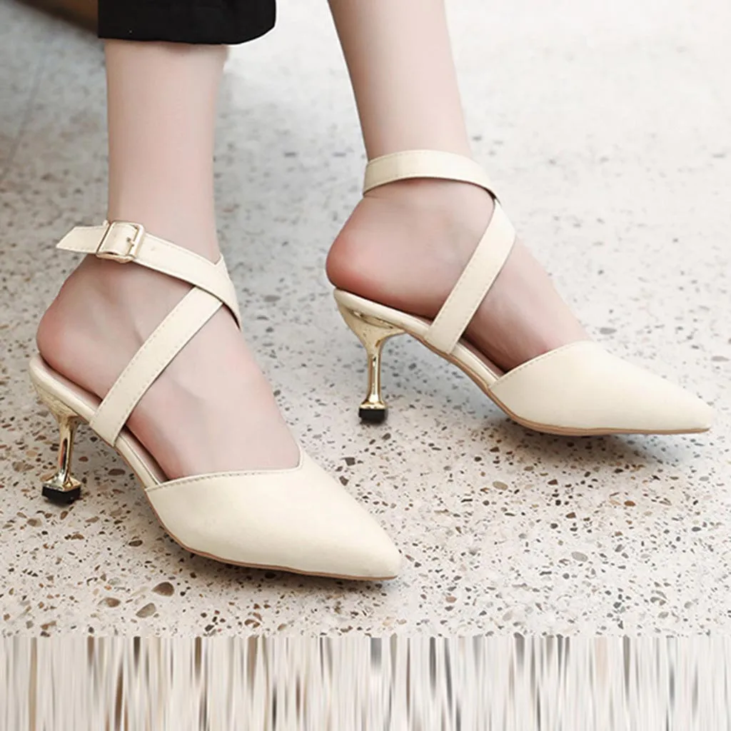 

square heel sandals Solid solor Office lady shoes New arrivals Pointed-Toe Roman Stiletto Heels Buckles Sandals
