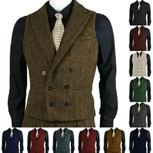 Men's Herringbone Wool Suit Vest Winter Warm Lapel Sleeveless Jacket Retro Steampunk Waistcoat