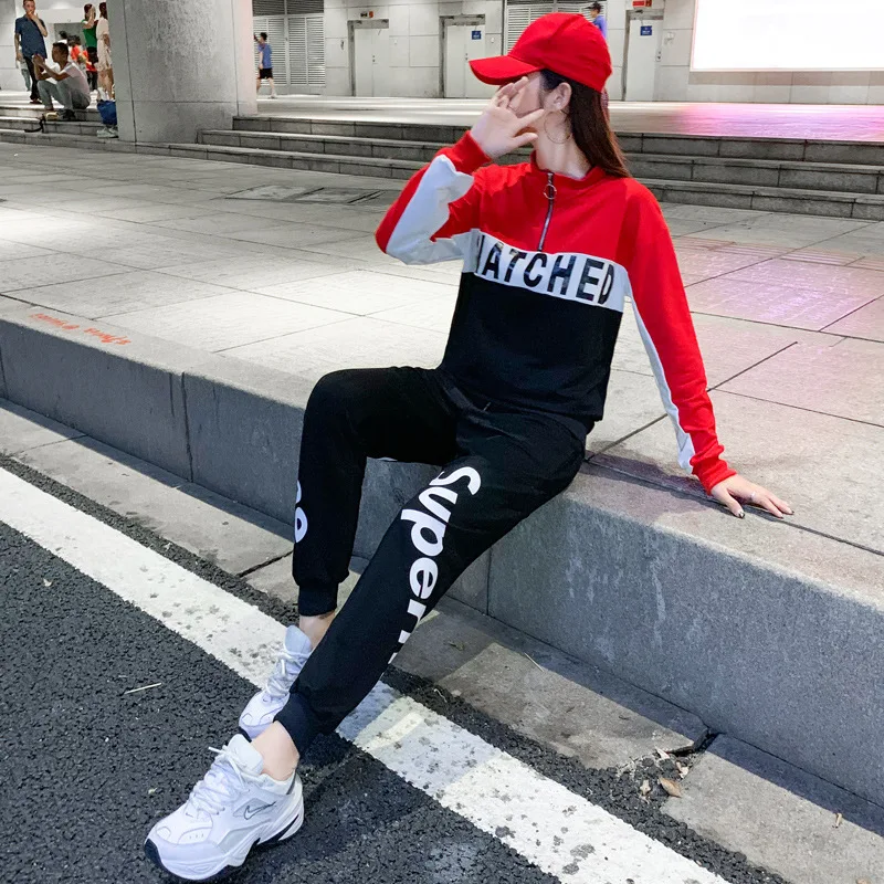 

4XL Spring Women Sportswear Letter Printing Zipper Sweatshirt+pant Running Jogger Fitness Gym Casual Set Sport Suit Tracksuit