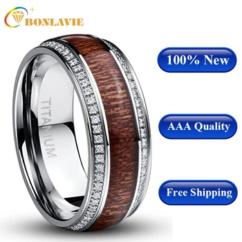 

BONLAVIE Steel Stainless Steel Ring for Men Micro Pave White CZ Acacia Wood Titanium Steel Mens Wedding Rings Jewelry