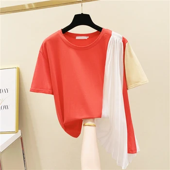

Irregular Stitching Round Neck Cotton T-shirt Women's 2020 Summer Top Korean-Style Loose Color Matching Short Sleeve T-shirt Tee