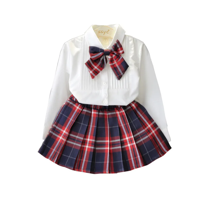 

Girls Clothing Sets Style Fashion Girls Dress Set White Shirt Top+Plaid Knot Tie+Plaid Mini Skirt 3 Pcs Set Girls Suit ST19069