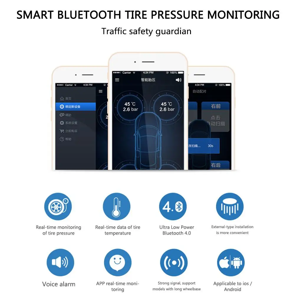 TP630 Смарт Bluetooth система мониторинга давления в шинах TPMS первый мобильный телефон приложение мониторинг с внешним датчиком