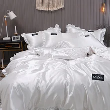 Bedding-Set Duvet-Cover-Set White Pure-Satin Double-Queen Luxury Single Lace Silk Red