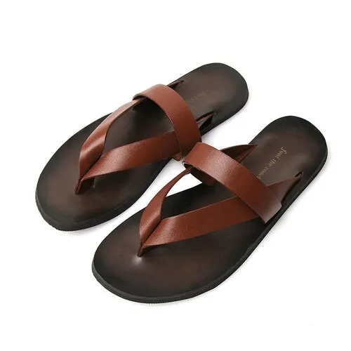 Модные пляжные мужские шлепанцы на плоской подошве; Летние вьетнамки из натуральной кожи для отдыха; прошитая мужская обувь - Цвет: Brown