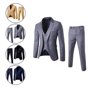 1 Set Men Suit Solid Color Slim Single-breasted Korean Style Blazer Zipper Fly Pants