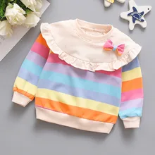Толстовки для маленьких девочек; хлопковая одежда с длинными рукавами и оборками в радужную полоску; сезон осень-зима; детские толстовки для девочек;# G3
