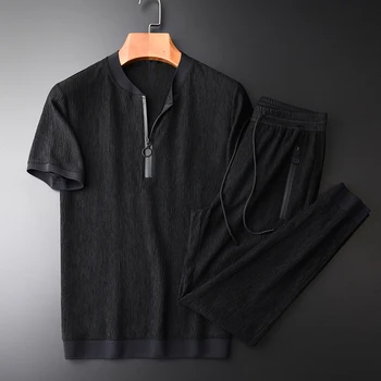 

New Baseball Collar Men Sets (T-SHIRTS+PANTS) Plus Size 4XL Wrinkle Fabric Casual Thin Man Sets Summer Ninth Pants Mans Sets