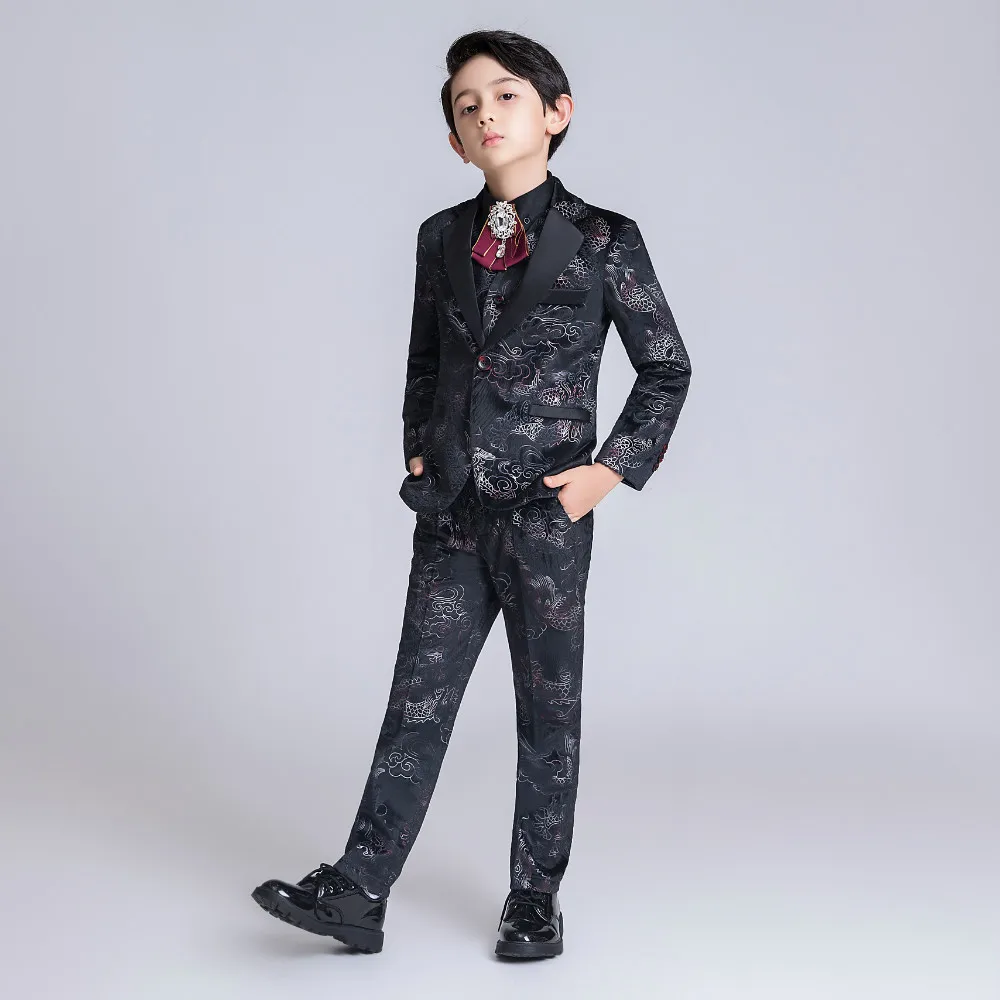 YuanLu/Новые Детские костюмы бархатные костюмы для мальчиков комплект из 4 предметов для свадебной вечеринки, Блейзер, куртка детская одежда на осень и зиму, черный цвет
