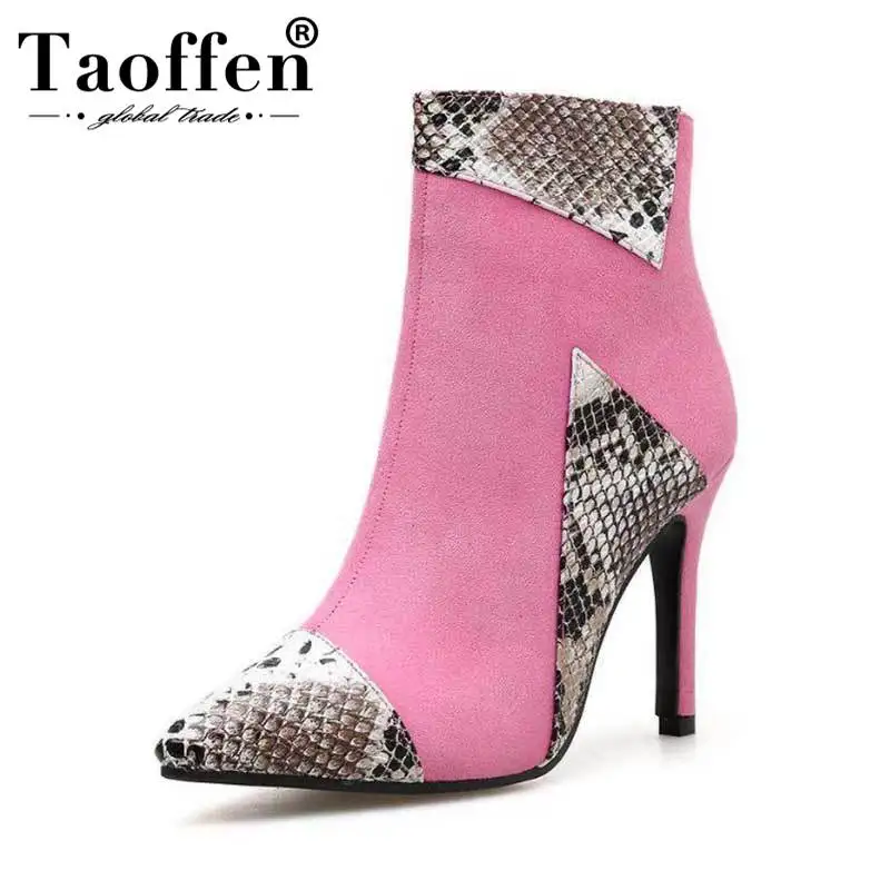 

Taoffen Colorful Pink Office Lady Sexy Snakeskin Pattern Ankle Boots Winter Autumn Zipper Short Boots Fashion Style Size 35-40