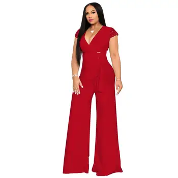 

Sexy V Neck Rompers Womens Jumpsuit Summer Sleeveless Belt Wide Leg Elegant Jumpsuit for Women Solid Plus Size Bodycon YT50212