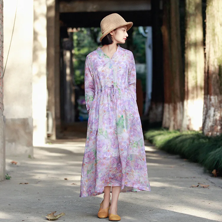 

Women 2020 Spring Summer V Neck printed Ramie Dress Ladies Loose Retro Cute Dress Female Floral Dress
