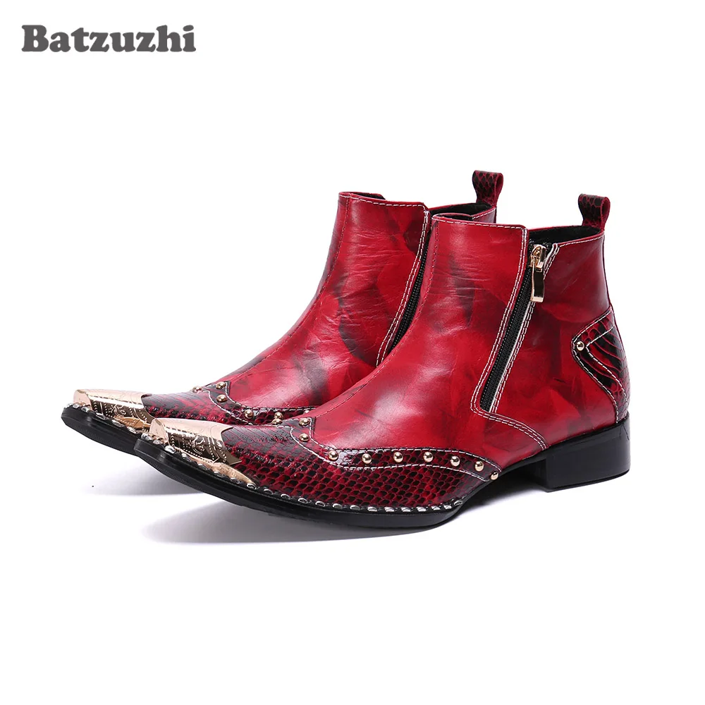 Batzuzhi Western Fashion Men Boots Shoes Pointed Leather Ankle Boots Men Zip Metal Tip Party and Wedding Boots for Men botas hom