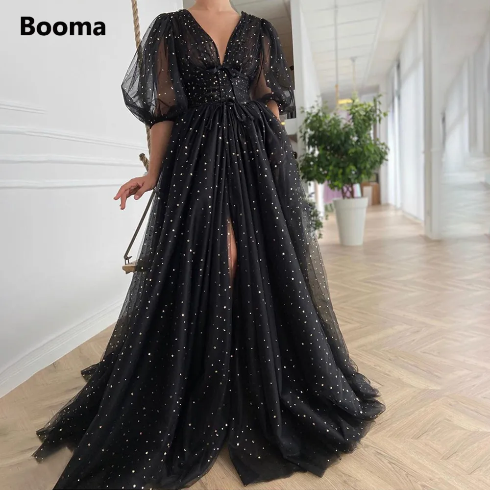 Booma Black Starry Tulle Prom Dresses Sparkly V-Neck Ruched Wedding Party Dresses Half Puff Sleeves Leg Slit A-Line Prom Gowns