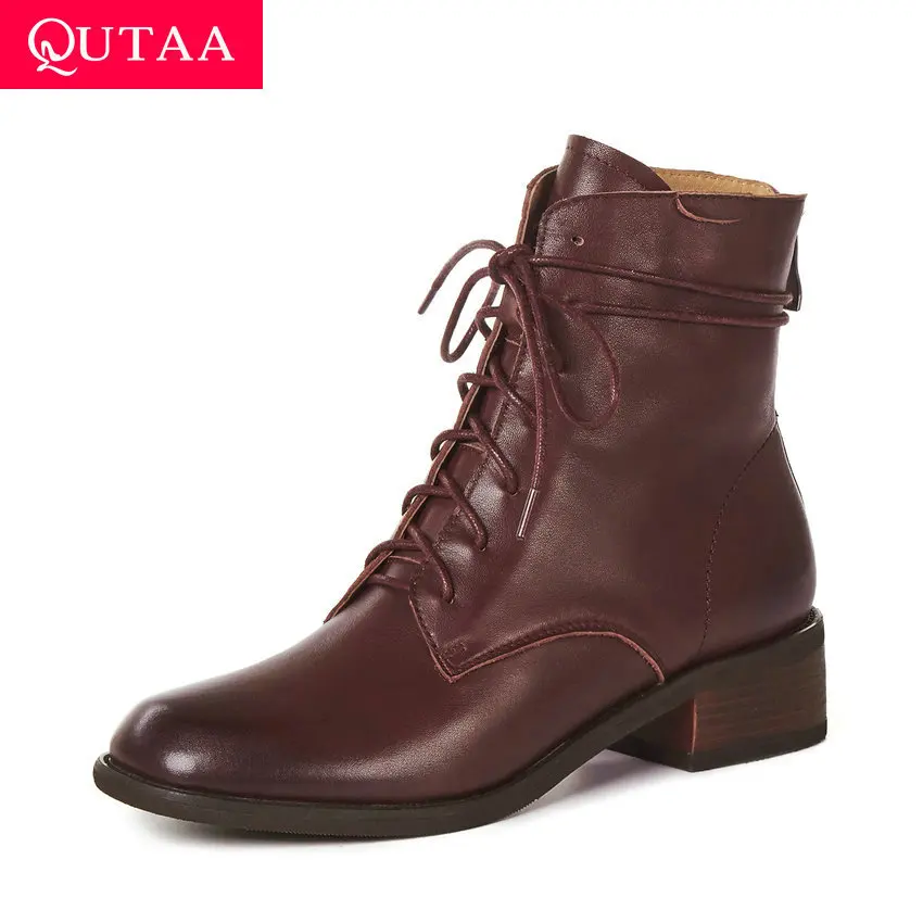 Square Heel Ankle-Boots Women Shoes QUTAA Winter Pumps-Size Round-Toe Autumn Ladies Lace-Up