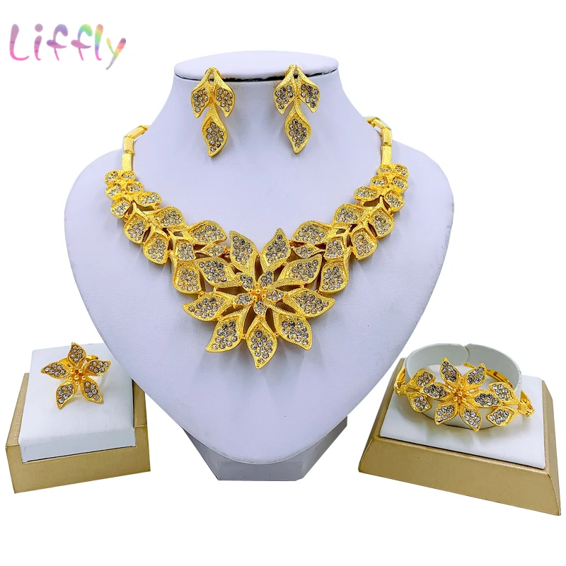 Liffly Dubai Gold Fashion Bridal Wedding Earrings Ring Jewelry Sets Indian Jewelry Set Bracelet for Women African Necklace