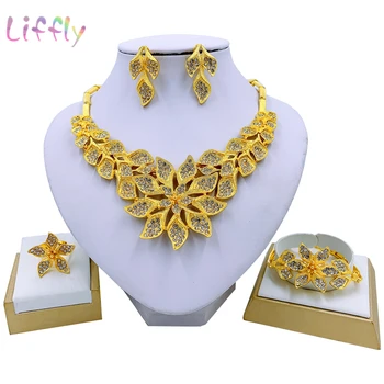Liffly Dubai Gold Fashion Bridal Wedding Earrings Ring Jewelry Sets Indian Jewelry Set Bracelet for Women African Necklace