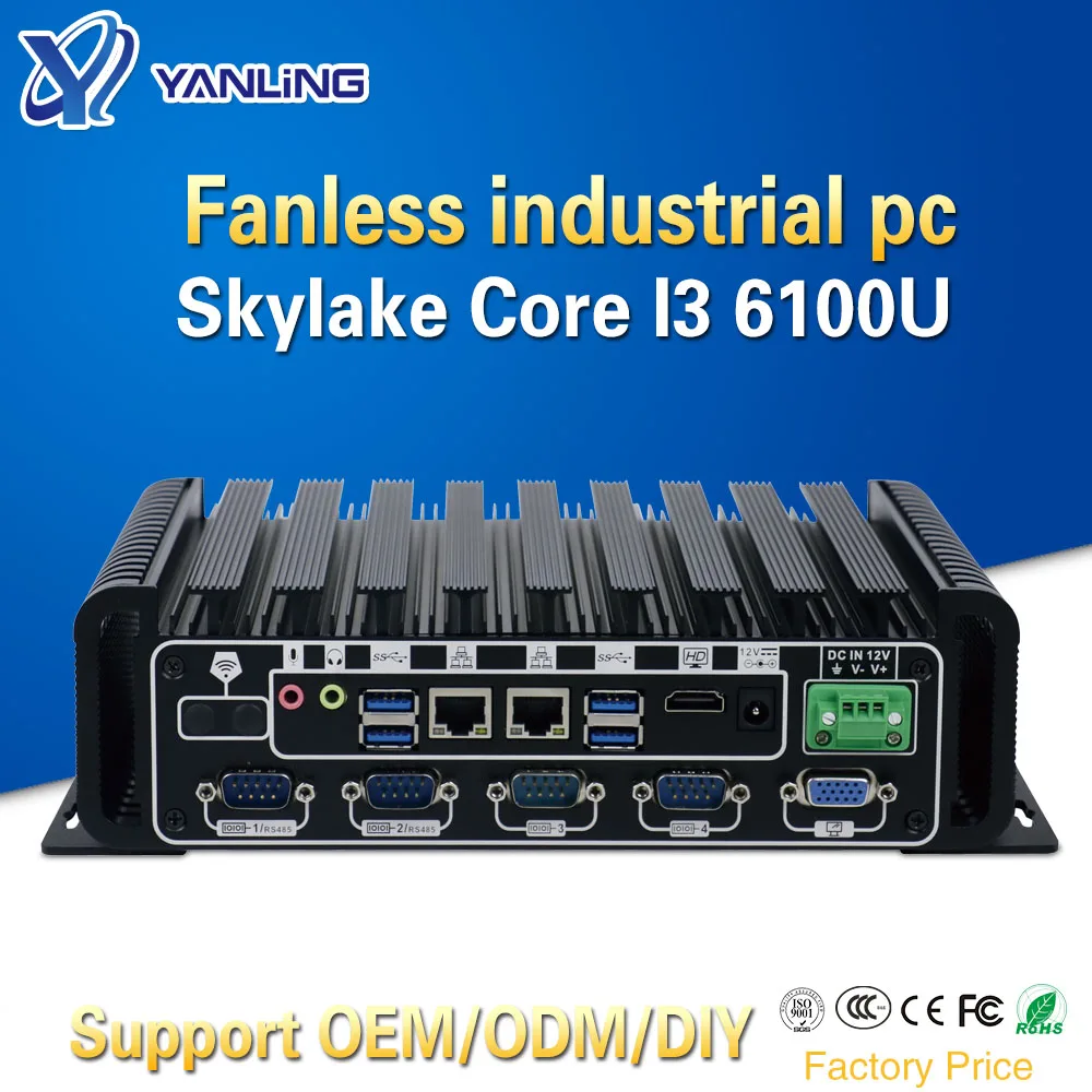 Встраиваемый промышленный ПК Yanling без вентилятора Intel Skylake core i3 6100u dual nic mini itx
