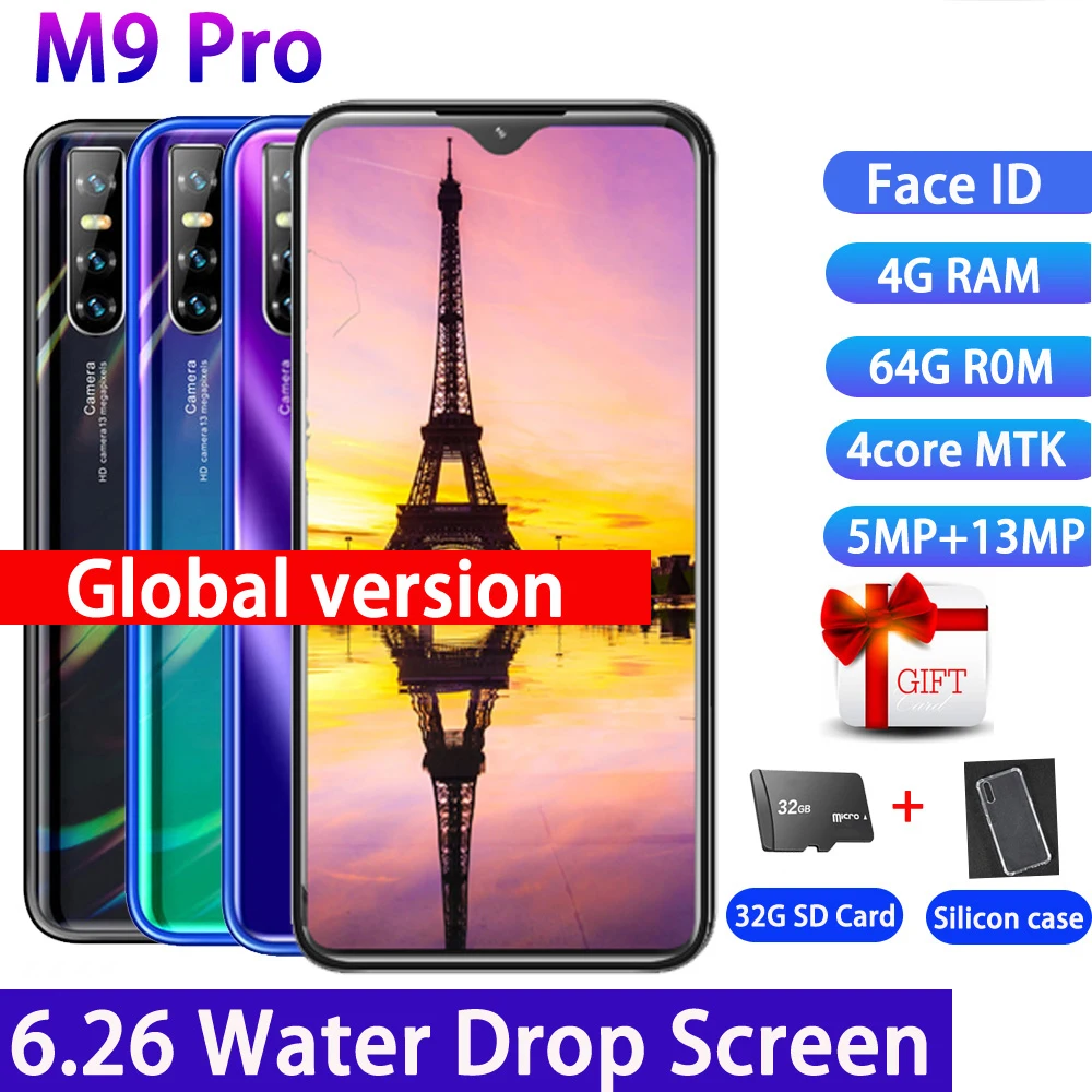

New M9 4G RAM MTK6580 Quad core 64G ROM 13MP Android mobile phones face ID 6.26" water drop screen Global version smartphones