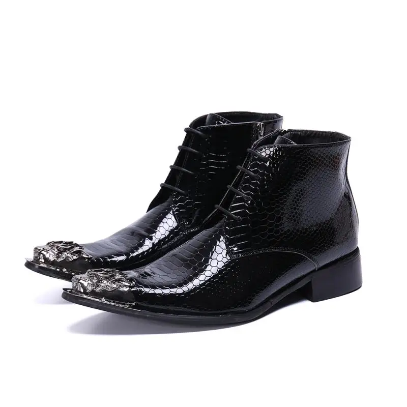 Luxury Patent Leather Chelsea Ankle Boots Men Pointed Toe High Toe Dress Shoes Europe America Mens Business Work Short Boots