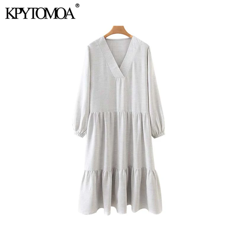 

Vintage Stylish Solid Pleated Midi Dress Women 2020 Fashion V Neck Long Sleeve Female Dresses Chic Vestidos Mujer