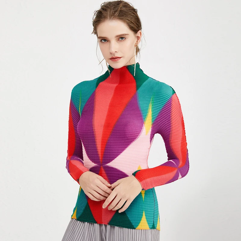 Miyake Pleated Mockneck T-Shirt  Women’s Creative Multi Color Graphic Printed Shirts Turtleneck Long Sleeves Tops Pleats T-Shirts for woman in multicolor red Fall Autumn womens Winter Issey Japanese Designer Fashion