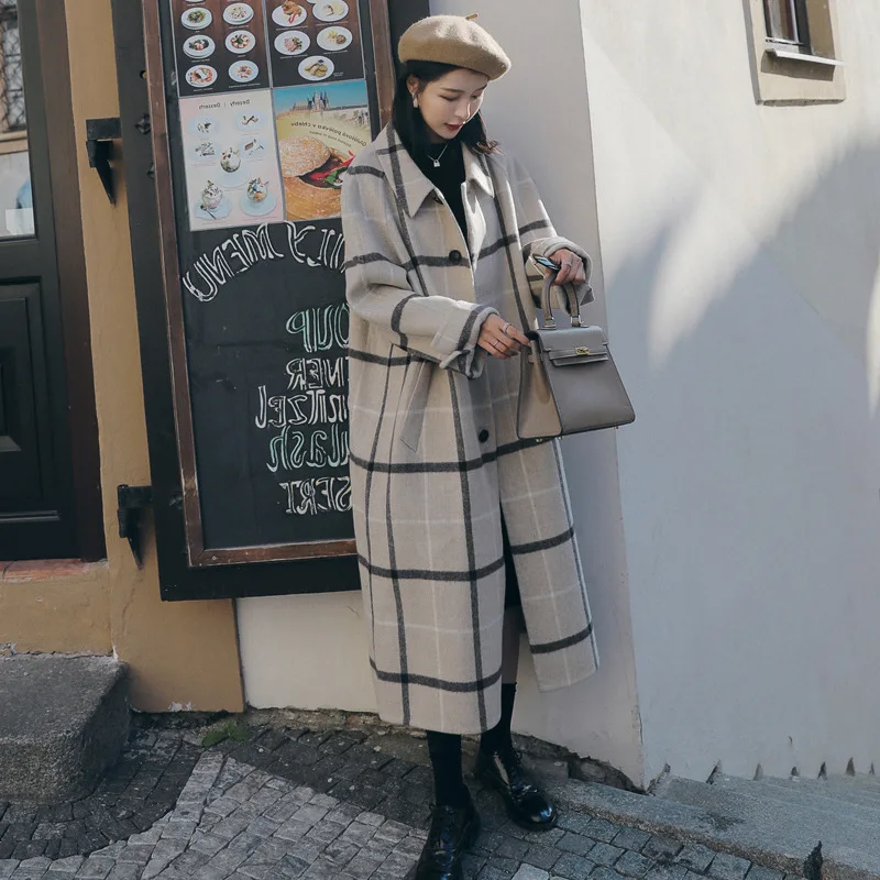 

Plaid Woolen Coat Women's Mid-length Korean-style 2019 Autumn And Winter New Style Korean-style Loose Thick over-the-Knee Woolen