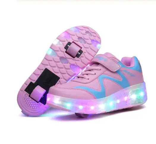 Светящиеся кроссовки с двумя колесами; Цвет черный, розовый; Светодиодный светильник; обувь для катания на роликах; детская обувь с подсветкой; обувь для мальчиков и девочек; светильник унисекс - Цвет: usb 03
