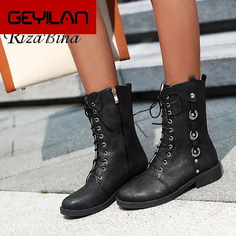 

Winter Women Mid Calf Boots Fashion Cross Strap Simple Side Zipper Shoes Women Rivets Round Toe Footwear Size 32-43