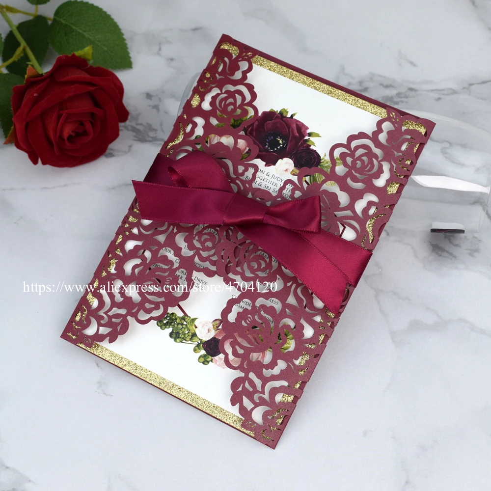 Бордовые свадебные приглашения Marsala 50 шт. лазерная резка Quinceanera с золотым блеском