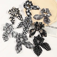 

Retro Bows Knotted Scrunchies Ponytail Hair Accessories For Women Floral Print Elastic Hair Bands Rabbit Ears Satin Hair Tie