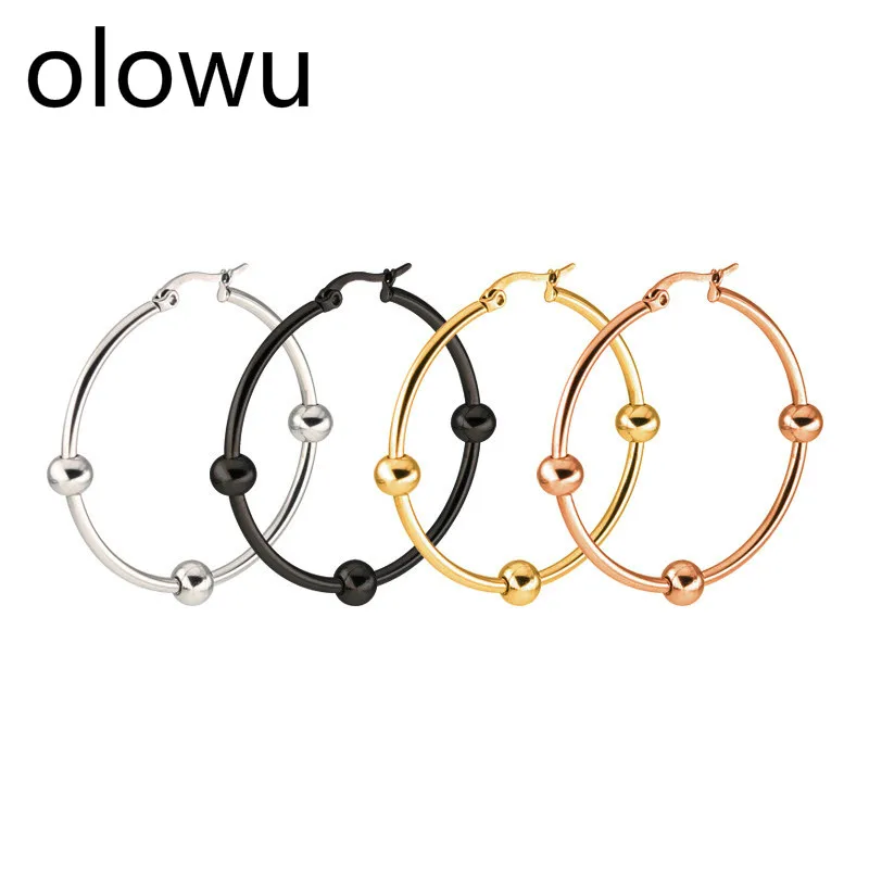 

olowu Stainless Steel Beads Circle Hoop Earrings Kroean Style Geometric Big Round Earings Jewelry Accessories 40mm,60mm