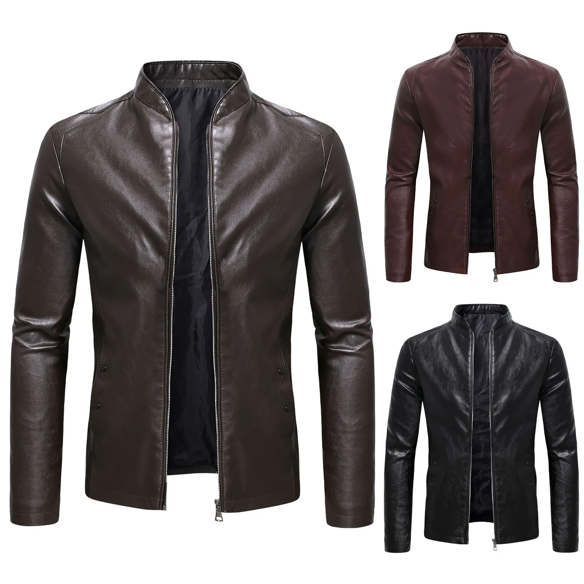 Simple Men's Stand Collar Leather Jacket All-match Everyday Casual Leather Jacket High Quality Man Windproof Faux Leather Jacket mens leather bomber jacket