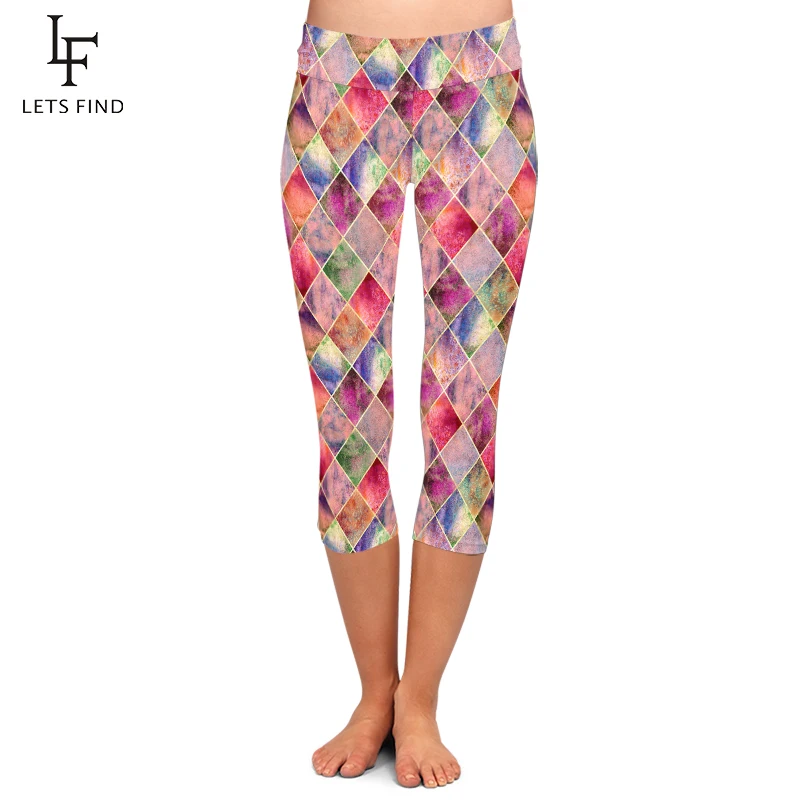 LETSFIND Summer Push Up Women Fitness Capri Leggings 3D Diamond Geometric Printing High Waist Mid-Calf 3/4 Leggings Plus Size LETSFIND Summer Push Up Women Fitness Capri Leggings 3D Diamond Geometric Printing High Waist Mid-Calf 3/4 Leggings Plus Size
