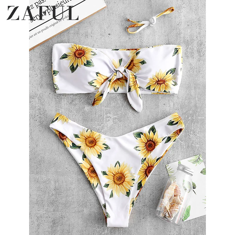  ZAFUL Sunflower Print Knot Bandeau Bikini Set 2019 Strapless Wire Free Swim Suit Floral Bathing Sui