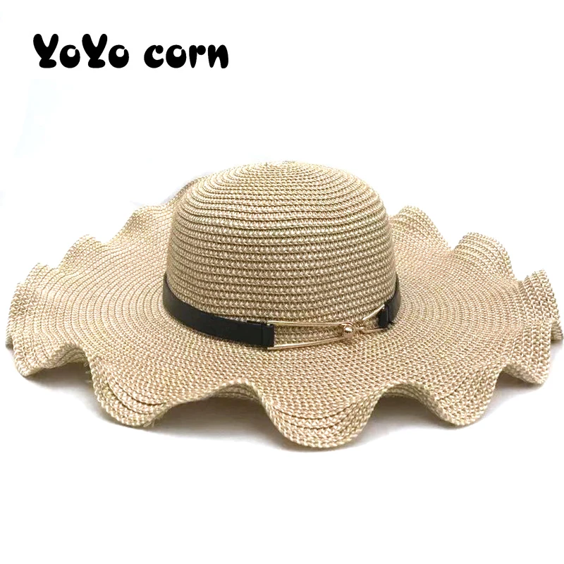 

YOYOCORN Folding Wide Church cap Black belt with gold buckle Sun-shading Hats Female Summer Sun Hat Anti-uv Beach Hat 55-58cm