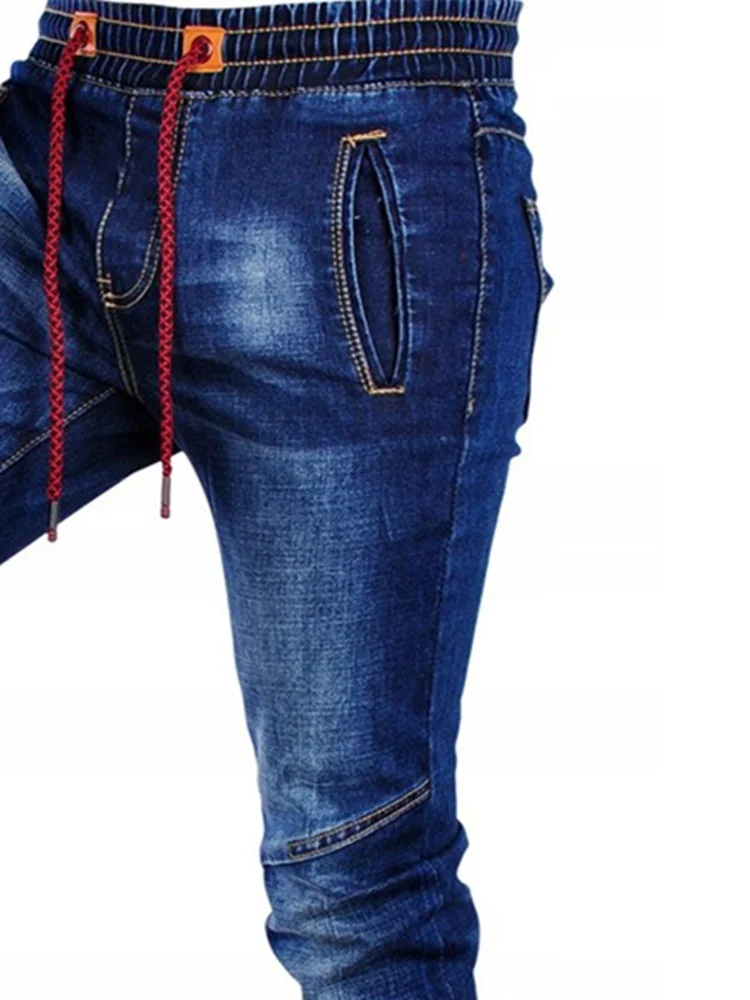 Autumn Winter Men's Fashion Trends Jeans Straight Denim Trouers Classic Style Patchwork Pants Elastic Waistband Slim Pants