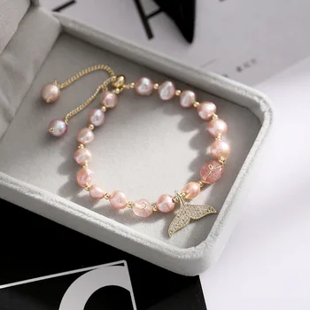 

Natural Freshwater Pearls Bracelets Women Baroque Hand Jewelry Fashion INS Non-mainstream Design Fishtail Trick Peach Blossom Li