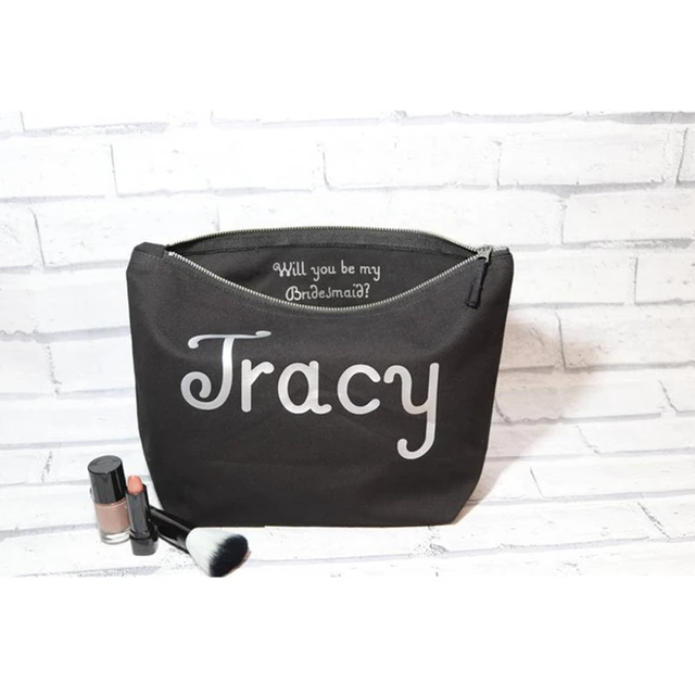 personalised printed name Cosmetic bags bridesmaid proposal Canvas bride  makeup bag will you be valentines gift lined pouche