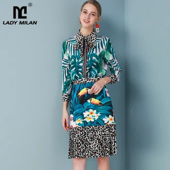 

Women's Runway Twinsets Turn Down Collar Long Sleeves Floral Printed Shirt with Ruffles Pleated Leopard Skirt Two Piece Dress Se