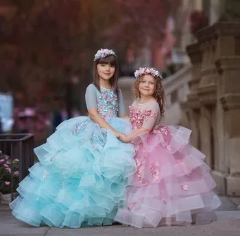 

Luxurious Handmade Flowers Girl Dresses Tiered Puffy Organza Little Girl Dresses Wedding Party Pageant Gowns