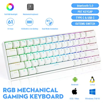 

Brand NEW 61 Keys 60% NKRO bluetooth 4.0 Type-C PBT Dual Mode Connection RGB Mechanical Gaming Keyboard Detachable Cable upgrade