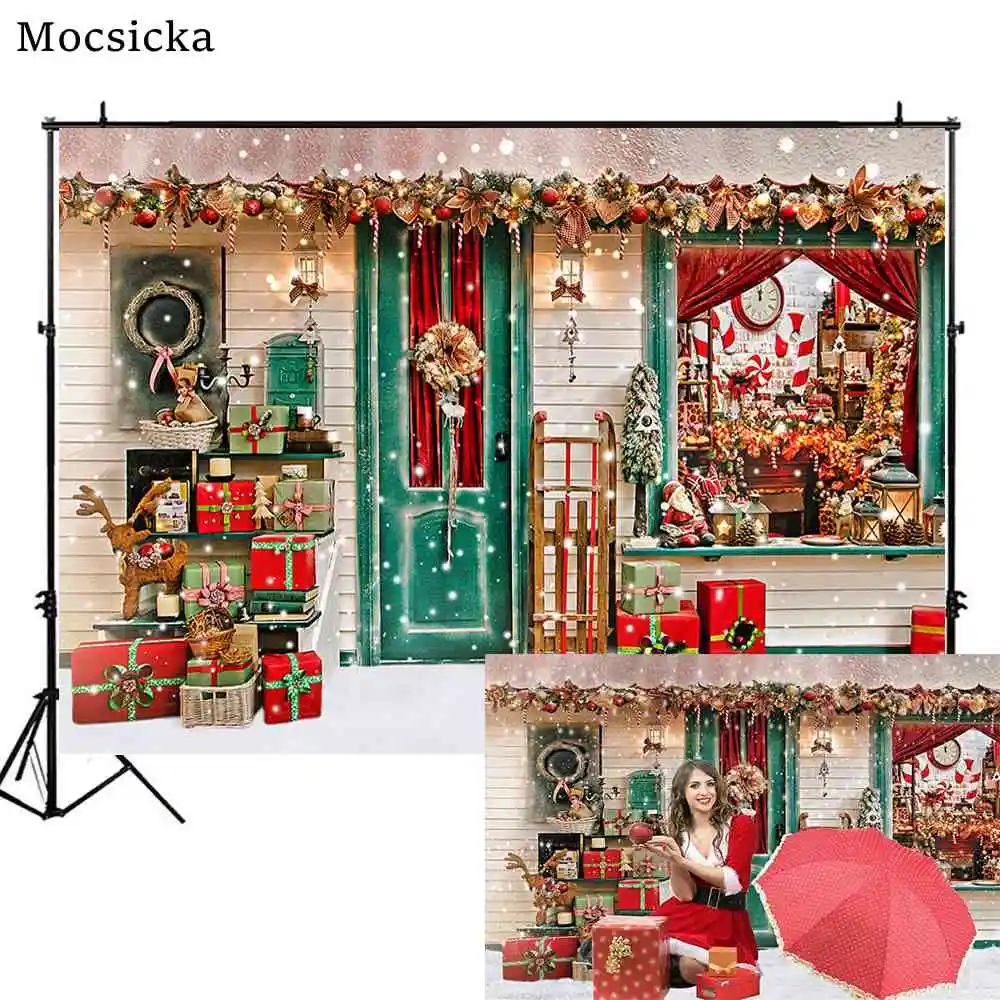 

Mocsicka Christmas Backdrop Photocall Winter Snow Scene Newborn Child Portrait Photography Background Gifts Window Door Banner