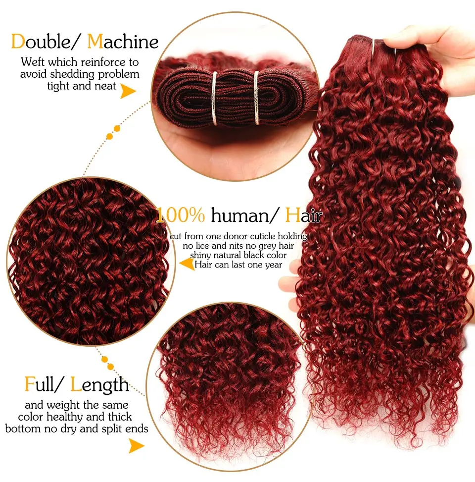 Kinky Curly 3 пряди с закрытием 99J предварительно окрашенные бразильские человеческие волосы пряди с закрытием Pinshair Non-remy с детскими волосами