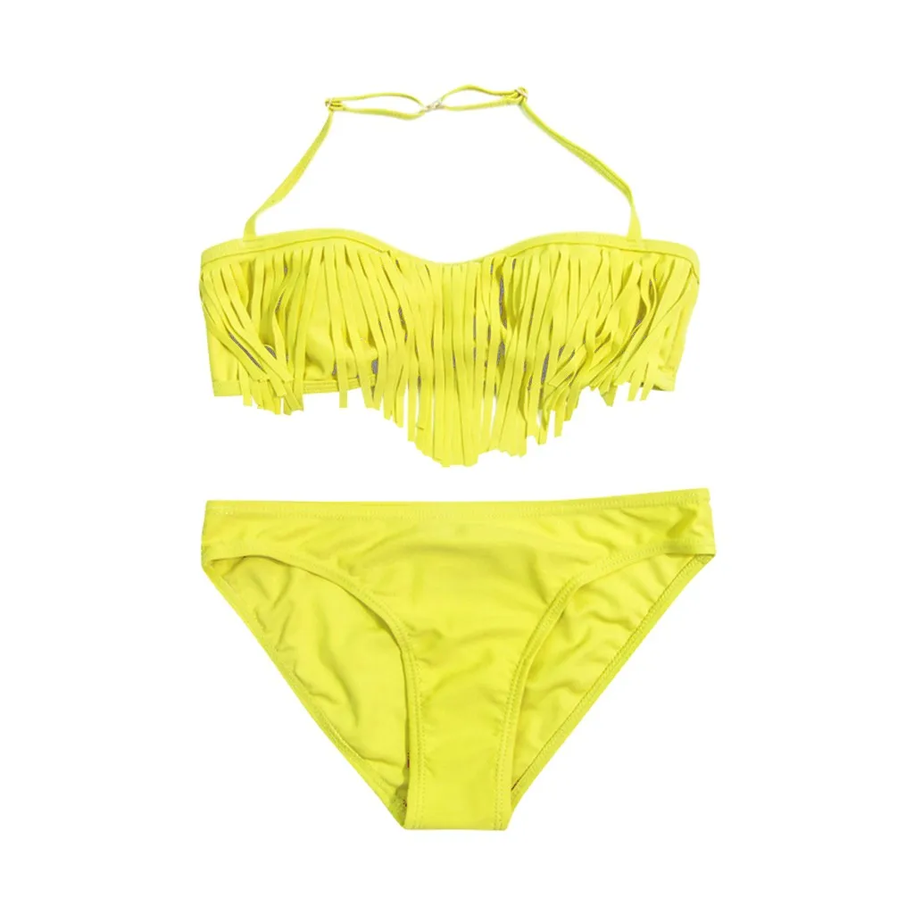 Yellow 2 шт./компл. летний детский купальный костюм для детей, для девушек, с кисточками, с лямкой на шее слинг, купальник бикини+ шортики, комплект из двух предметов плавательный костюм - Цвет: Yellow