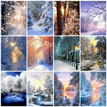

AZQSD DIY Unframe Oil Painting By Numbers Winter Landscape Home Decor Acrylic Paint Coloring By Numbers Tree Unique Gift