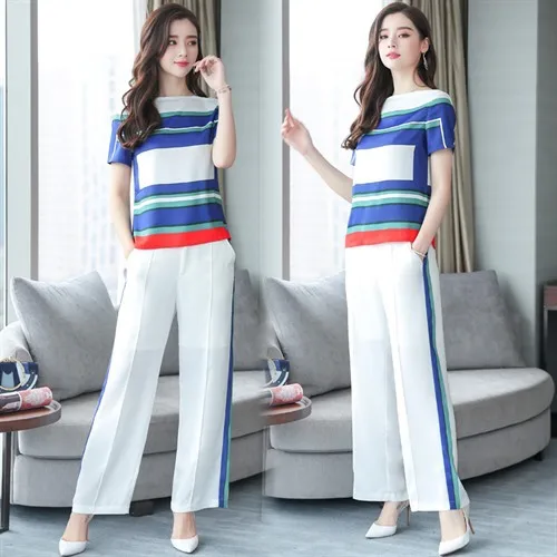 

Casual Sports Clothing WOMEN'S Suit Summer 2019 New Style Korean-style Contrast Color Stripe Short Sleeve Loose Pants Loose-Fit