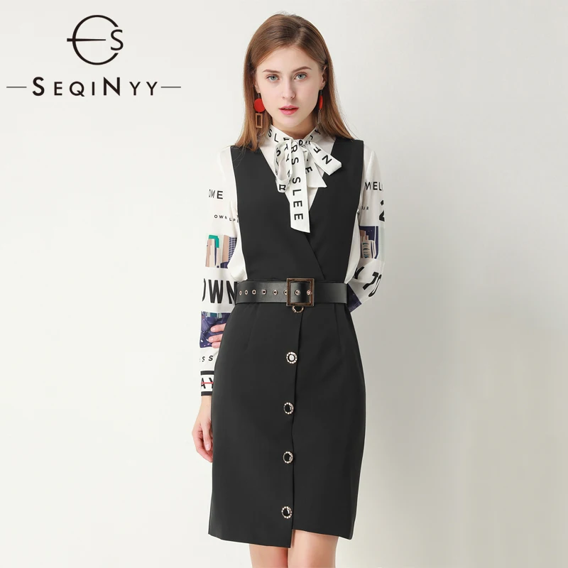 

SEQINYY Office Lady Set 2020 Summer Spring New Fashion Design Long Sleeve Letter Print White Shirt + Vest Black Mini Dress Suit