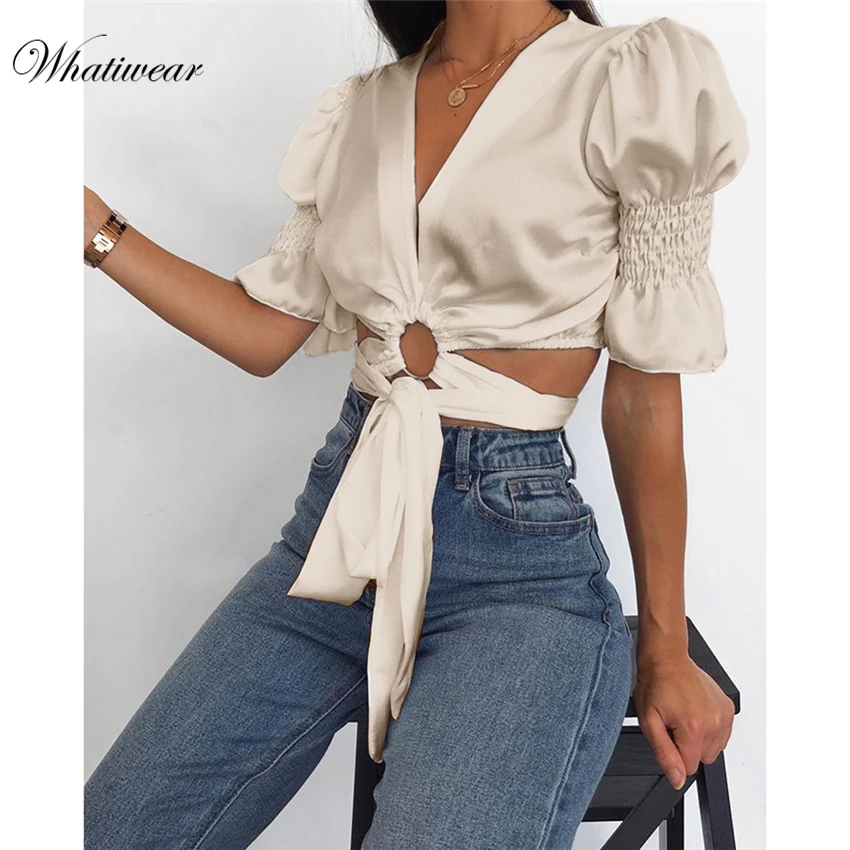 Whatiwear Boho Сексуальный летний укороченный топ, женские топы, глубокий v-образный вырез, открытая пляжная рубашка на шнуровке, blusa feminina