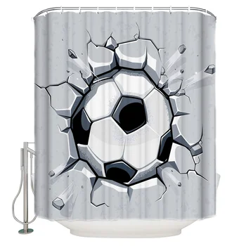 

Football Ball Sports Wall Broken Bathroom Curtain Polyester Fabric With 12 Hooks Waterproof Shower Curtain